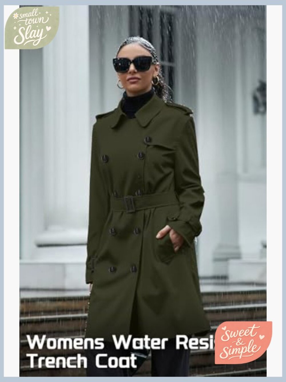Women's Double Breasted Trench Coat with Belt, Notched Collar, Long Sleeve - Picture 5 of 7